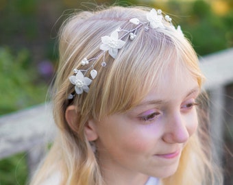 White Floral Bridal Headband, Tulle Flower Headpiece, Floral Bridal Headpiece, Flower Girl Crown, Party Headpiece