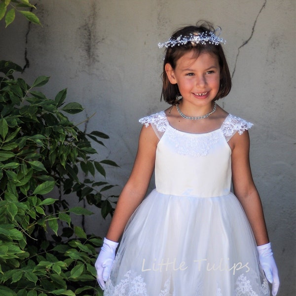 First Communion Dress, White Flower Girl Dress, Tulle Flower Girl Dress, Lace Dress,Prom Dress, Recital Dress