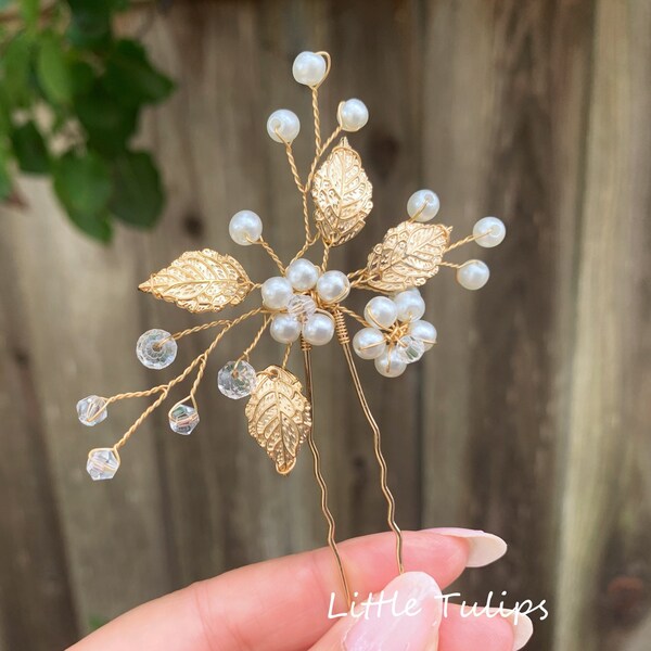 Gold/Silver Leaf Pearl Bridal Hair Pin, Gold/Silver Pearl Floral bridal hair piece, Leaf Bridal Hair Pin, Pearl Bridal headpiece