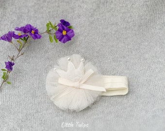 Baby Crown Headband, First Birthday Crown, Girl Elastic Birthday Crown, Tulle Bow Crown Baby Headband, Ivory Crown for Baby
