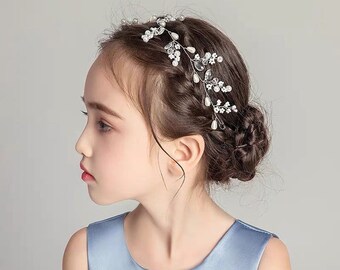 Silver Pearl Bridal Headband, Pearl Crystal Floral Headband, Pearl Bridal Headpiece, Silver Hair Vine, Pearl Tiara Crown