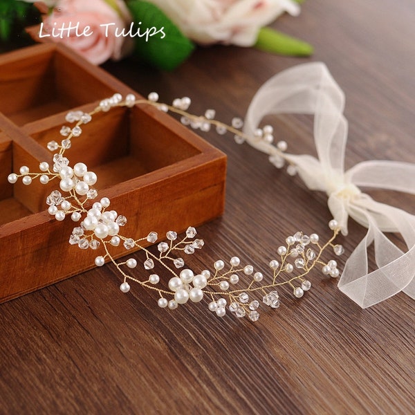 Gold Pearl Bridal Headband, Pearl Floral Headband, Pearl Bridal Headpiece, Adjustable Hair Vine, Party Headband