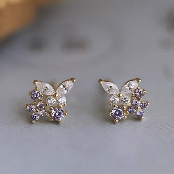 925 Sterling Silver Lavender Flower Stud Earrings, Lavender Butterfly Earrings, Silver Floral Jewelry