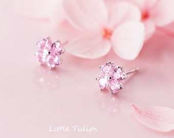 925 Sterling Silver Pink Flower Stud Earrings, Pink Cubic Zirconia Floral Earrings, Silver Floral Jewelry