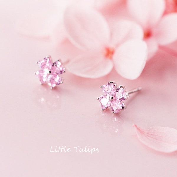 925 Sterling Silver Pink Flower Stud Earrings, Pink Cubic Zirconia Floral Earrings, Silver Floral Jewelry