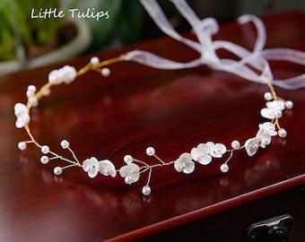 Bandeau de mariée simple en perles, couronne de demoiselle d'honneur, casque de première communion, bandeau de fleurs coquillage blanc