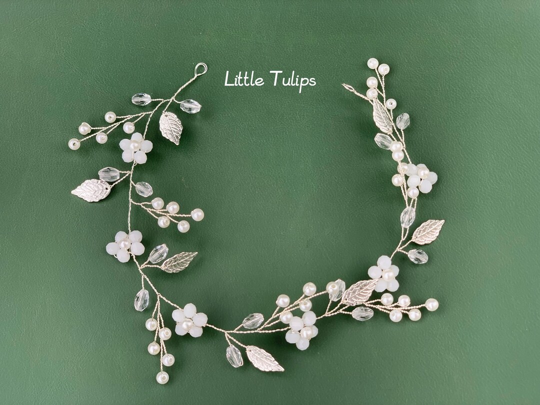 Leaf Pearl Bridal Headpiece, Flower Girl Crystal Headband, First