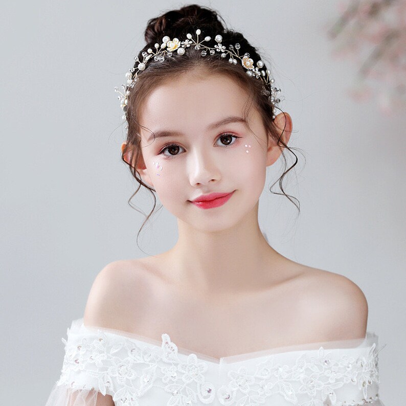 Gold Floral Bridal Headband Flower Girl Headband Pearl Etsy