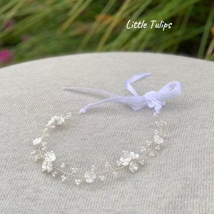 NEW Simple Pearl Bridal Headband, Flower Girl Headband, First Communion Headband, White Shell Flower Headband, Flower Girl Crown Silver Wreath