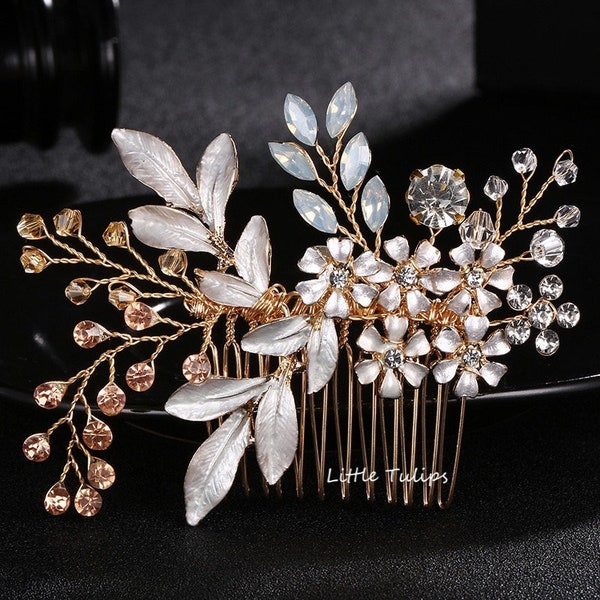 Light Gold Floral Bridal Hair Comb, Rose Gold Flower hair Comb, Leaf Bridal Hair Comb, Wedding Hair Accessories for Women