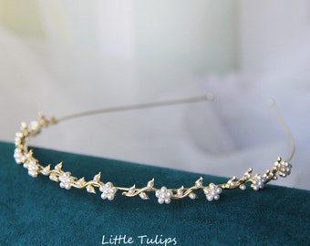 Light Gold Pearl Bridal Headband,Simple Pearl Headband, Flower Girl Crown, First Communion Headband