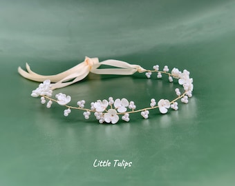 NEW! Simple Pearl Bridal Headband, Flower Girl Headband, First Communion Headband, White Shell Flower Headband, Flower Girl Crown