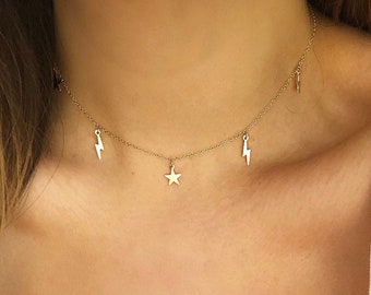 Lightning Bolt And Stars Shaker Choker, Gold Layering Necklace, Gold Filled Choker, Astronomy Gift, Gift For Her, Dangly Choker