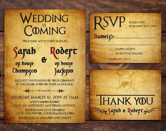 Theme Wedding Invitation, Printable Wedding Invite, Wedding Party Invitation, RSVP, Thank You Card,Game of Thrones Art, Unique Wedding Card