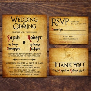 Theme Wedding Invitation, Printable Wedding Invite, Wedding Party Invitation, RSVP, Thank You Card,Game of Thrones Art, Unique Wedding Card image 1