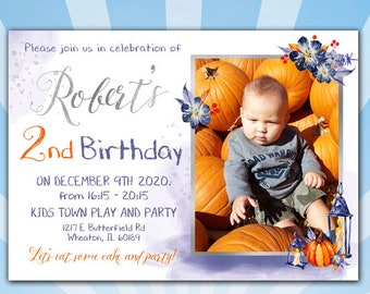 Photo Birthday Invitation, Silver and Orange Birthday Invite for Kids, Birthday Party Digital Invite, Pumpkins, Gender Neutral Invitation