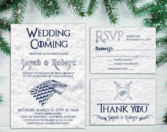 Theme Wedding Invitation, Printable Wedding Invite, Wedding Party Invitation, RSVP, Thank You Card,Game of Thrones Art, Unique Wedding Card