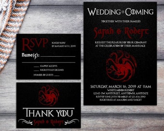 Theme Wedding Invitation, Printable Wedding Invite, Wedding Party Invitation, RSVP, Thank You Card,Game of Thrones Art, Unique Wedding Card