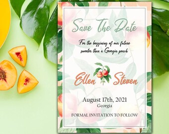 Personalised Peach Wedding Save the Date, Blush, Peach and Greenery Save the Date, Printable Vinatge Save The Date with peaches