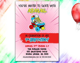 Roller Skate Birthday Party Invitation, Roller Skating Invitation for Kids, Children Birthday Invite, Roller Skate Ring Party Invitations
