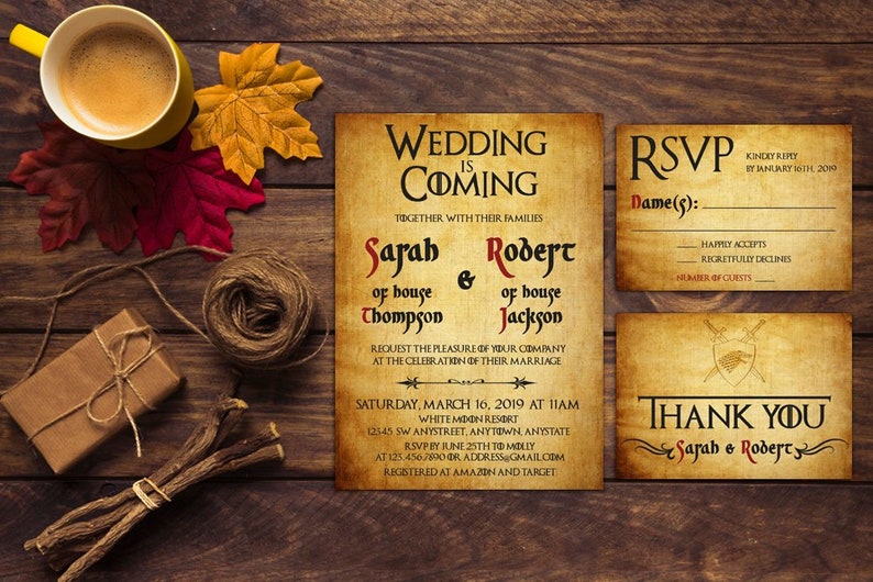 Theme Wedding Invitation, Printable Wedding Invite, Wedding Party Invitation, RSVP, Thank You Card,Game of Thrones Art, Unique Wedding Card image 1