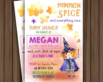 Pumpkin Spice Halloween Baby Girl Shower Invite,Gender Neutral Shower Invite, Cute Witch,Halloween Theme Baby Shower Invite,Fall Baby Shower