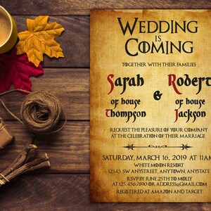 Theme Wedding Invitation, Printable Wedding Invite, Wedding Party Invitation, RSVP, Thank You Card,Game of Thrones Art, Unique Wedding Card image 3