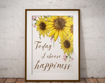 Home Decor Motivation Quotes PRINTABLE, Sunflowers Yellow Wall Art, Living Room, Happiness Home Decoration, Sunflower Poster, Office Quotes