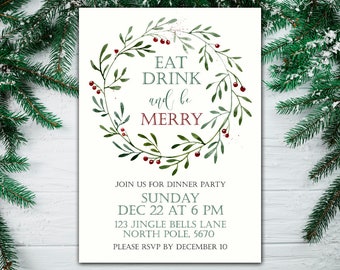 Christmas Party Invitation, Holiday Party Invite with Christmas wreath and ornaments, Green, White, Red Invite, Digital File