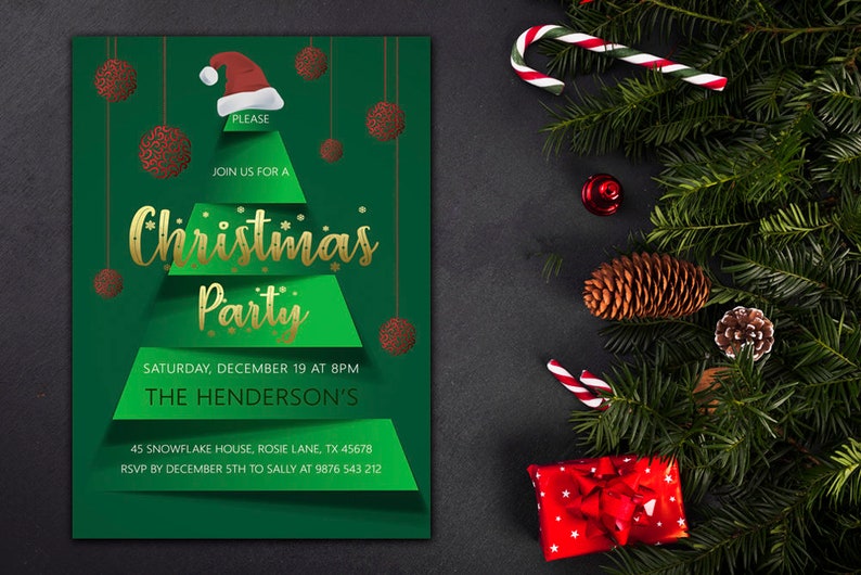 Christmas Party Invitation, Holiday Party Invite With Christmas Tree