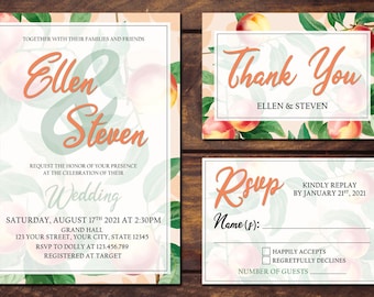 Personalised Peach Wedding Invitation,Printable Wedding Invite,Wedding Party Invitation,RSVP, Thank You Card,Peach, Blush and Greenery Card