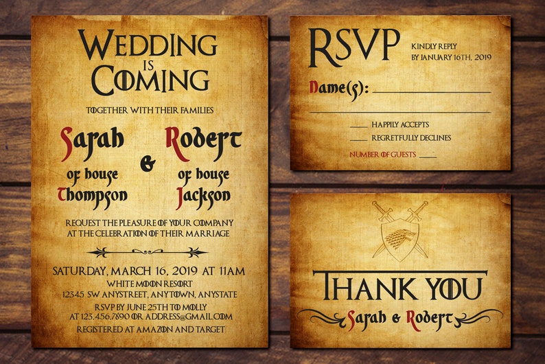 Theme Wedding Invitation, Printable Wedding Invite, Wedding Party Invitation, RSVP, Thank You Card,Game of Thrones Art, Unique Wedding Card image 2