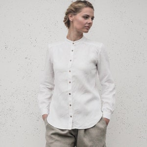 Linen Classic Shirt DIANA, Women Minimalist Flax Top with Coconut Buttons and Band Collar, Long Sleeves with Cuffs, Sustainable Slow fashion Snow