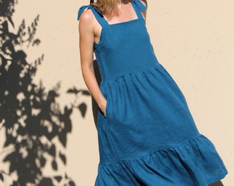 Abito a balze in lino ELLA, abito lungo estivo in lino senza maniche con spalline annodate, nodi sulle spalle e tasche, moda etica realizzata a mano in modo sostenibile