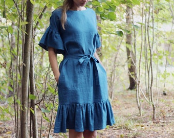 Linen Ruffle Dress VICTORIA, Natural Flax Blue Summer Dress with Belt and Pockets, Personalized Sundress, Sustainably Made Ethical Fashion