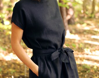 Little Black Linen Dress EVE, Flax Simple Summer Dress with Belt and Pockets, Personalized Basic Short Dress, Sustainably Made Slow Fashion