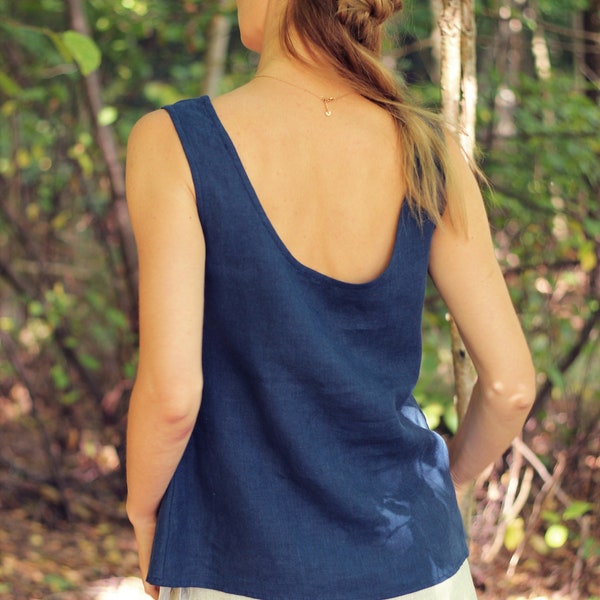 Linen Open Back Tank Top SARA, Simple Pure Flax Sleeveless Blouse, Summer Wear, Basic Blue Open Neck Shirt, Sustainable Slow fashion