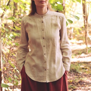 Linen Classic Shirt DIANA, Women Minimalist Flax Top with Coconut Buttons and Band Collar, Long Sleeves with Cuffs, Sustainable Slow fashion image 1