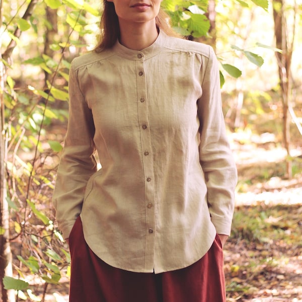 Camisa clásica de lino DIANA, Top de lino minimalista para mujer con botones de coco y cuello de banda, mangas largas con puños, moda lenta sostenible