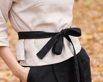Einfacher Leinengürtel, Basic Long Black Flax Accessoire für Kleid oder Bluse, 3 cm breit, 185 cm Länge, nachhaltig hergestellt, Ethical Slow Fashion