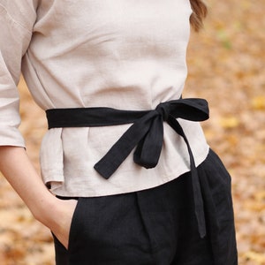 Simple Linen Belt, Basic Long Black Flax Accessory for Dress or Blouse, 3 cm wide, 185 cm length, Sustainably Made, Ethical Slow Fashion