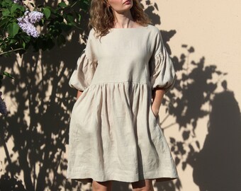 Abito in lino con maniche a sbuffo CHARLOTTE, abito ampio con maniche a palloncino in stile country, abbigliamento boho per l'estate, moda etica, sostenibile e realizzata a mano