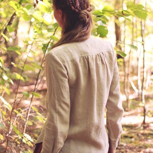 Linen Classic Shirt DIANA, Women Minimalist Flax Top with Coconut Buttons and Band Collar, Long Sleeves with Cuffs, Sustainable Slow fashion image 3