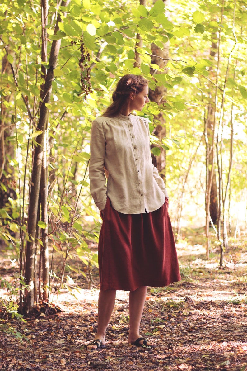 Linen Classic Shirt DIANA, Women Minimalist Flax Top with Coconut Buttons and Band Collar, Long Sleeves with Cuffs, Sustainable Slow fashion image 5