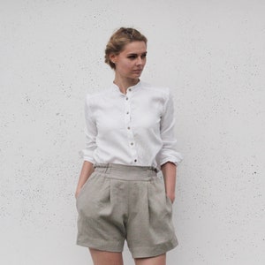 Linen Classic Shirt DIANA, Women Minimalist Flax Top with Coconut Buttons and Band Collar, Long Sleeves with Cuffs, Sustainable Slow fashion image 7
