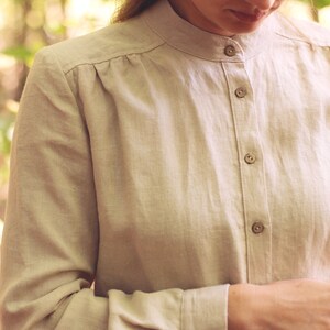Linen Classic Shirt DIANA, Women Minimalist Flax Top with Coconut Buttons and Band Collar, Long Sleeves with Cuffs, Sustainable Slow fashion Sand