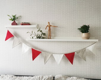 Linen Bunting, Kids Linen Garland, Nursery Wall Hanging Gift, Baby Room Flag Accessory, Red White Grey Banner, Christmas Pennant Decoration