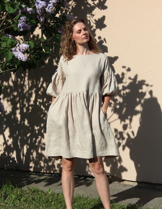 Linen Puff Sleeve Dress CHARLOTTE, Country Balloon Sleeves Loose Dress, Boho Style Clothes for Summer, Ethical Sustainable Handmade Fashion Linen Puff Sleeve Dress CHARLOTTE, Country Balloon Sleeves Loose Dress, Boho Style Clothes for Summer, Ethical Sustainable Handmade Fashion