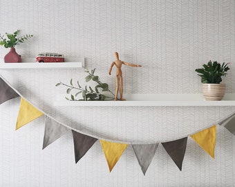 Linen Bunting, Kids Linen Garland, Nursery Wall Hanging Gift, Baby Room Flag Accessory, Yellow Brown Spring Banner, Thanksgiving Decoration