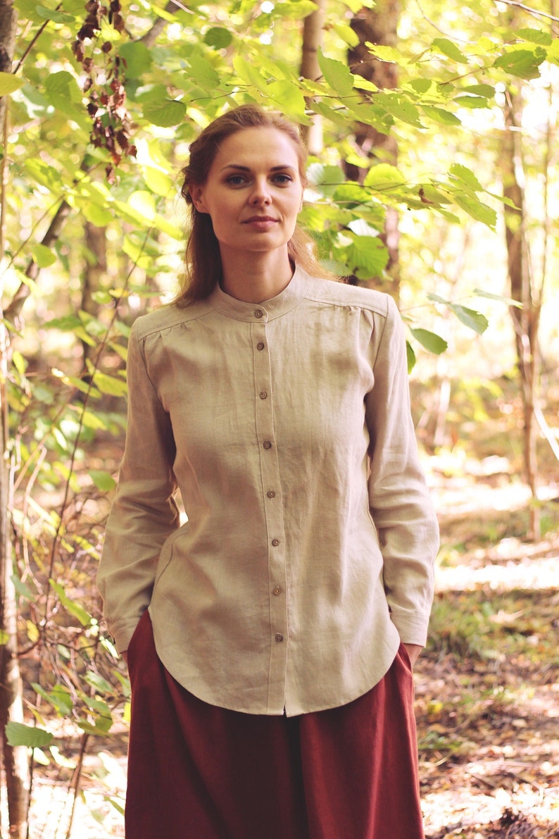 Linen Classic Shirt DIANA, Women Minimalist Flax Top with Coconut Buttons and Band Collar, Long Sleeves with Cuffs, Sustainable Slow fashion image 1